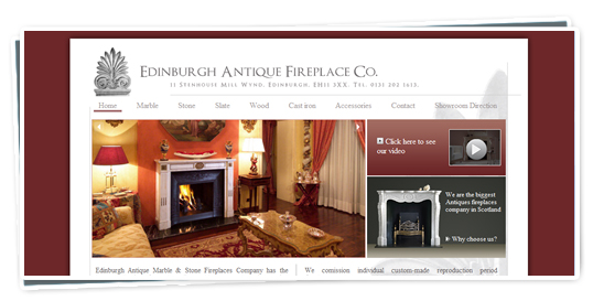 A screenshot of the Edinburgh Antique Fireplaces website